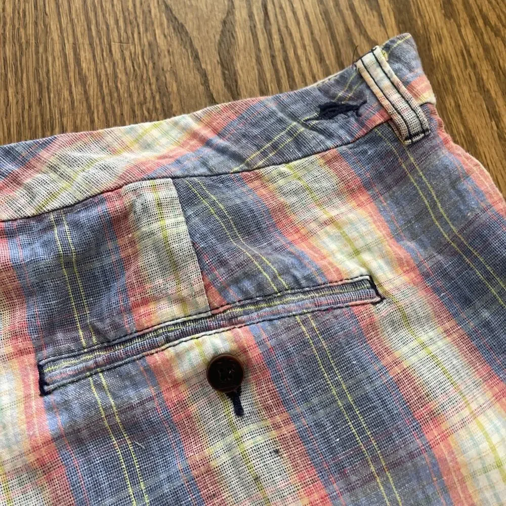 Tommy Bahama Mens Shorts Size 42 Multicolor Plaid Linen Tencel Blend Beach